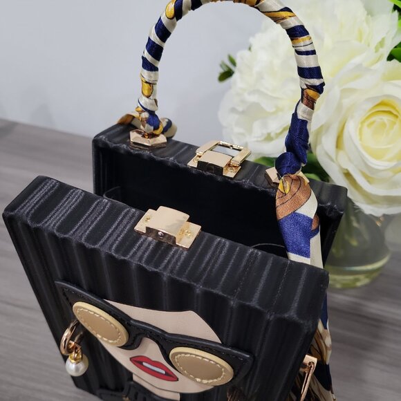 Chic Fashion Lady Face Trendy Box Handbag w/Pearl Earrings, Scarf Twilly Handle - Picture 9 of 10